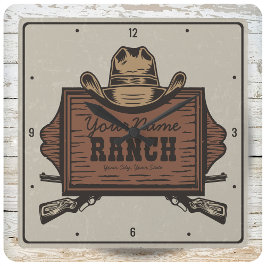 名パーソナライズされた前カウボーイガンズウェスタンランチサイン スクエア壁時計