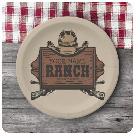 名パーソナライズされた前カウボーイガンズウェスタンランチサイン ペーパープレート
