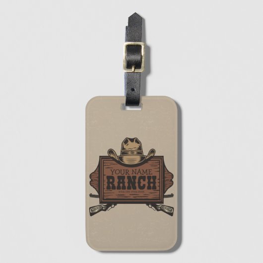 名パーソナライズされた前カウボーイガンズウェスタンランチサイン ラゲッジタグ (正面縦)
