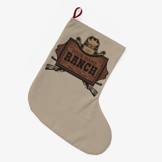 名パーソナライズされた前カウボーイガンズウェスタンランチサイン ラージクリスマスストッキング (正面 (吊り時))