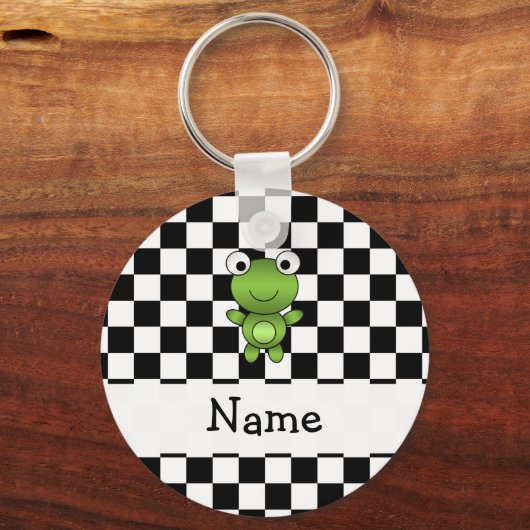 名パーソナライズされた前カエル黒と白市松模様にの キーホルダー (正面)