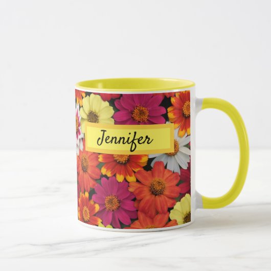 名パーソナライズされた前カラフルSummer Zinnias Mug マグカップ (右)