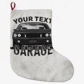 名パーソナライズされた前クラシック名マッスルカーガレージレトロ ラージクリスマスストッキング (正面)
