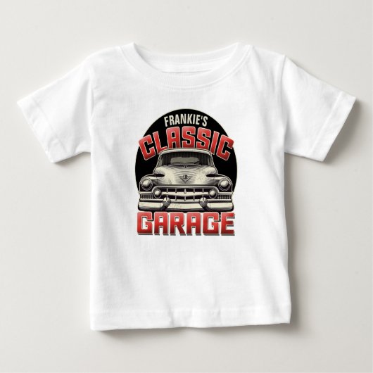 名パーソナライズされた前クラシック車ガレージカスタムショップ ベビーTシャツ (正面)