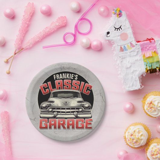 名パーソナライズされた前クラシック車ガレージカスタムショップ ペーパープレート (パーティー)