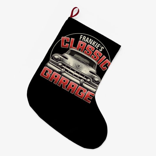 名パーソナライズされた前クラシック車ガレージカスタムショップ ラージクリスマスストッキング (正面 (吊り時))