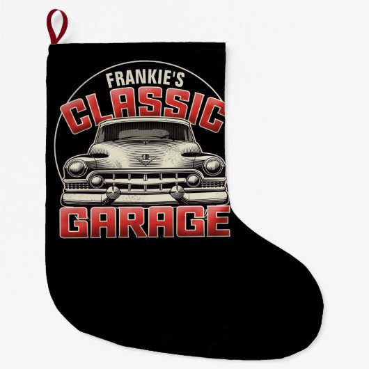 名パーソナライズされた前クラシック車ガレージカスタムショップ ラージクリスマスストッキング (正面)