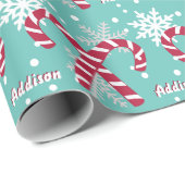 名パーソナライズされた前ティール（緑がかった色）スノーフレークキャンディーケーンギフト ラッピングペーパー (ロールコーナー)