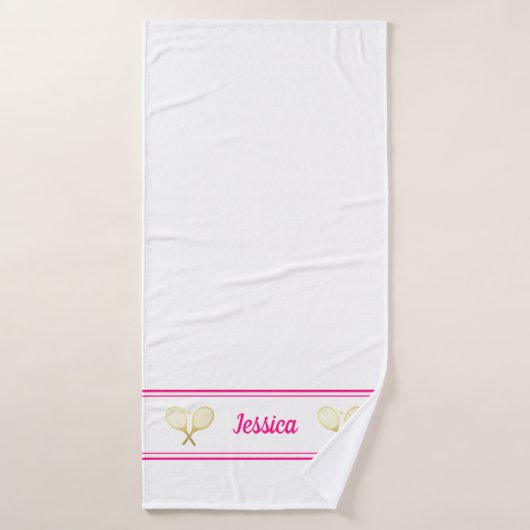 名パーソナライズされた前テニス選手ブライトピンクホワイト バスタオル (バスタオル)
