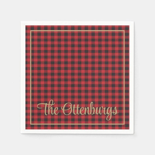 名パーソナライズされた前バッファロープレイド赤素朴パーティー スタンダードカクテルナプキン (正面)