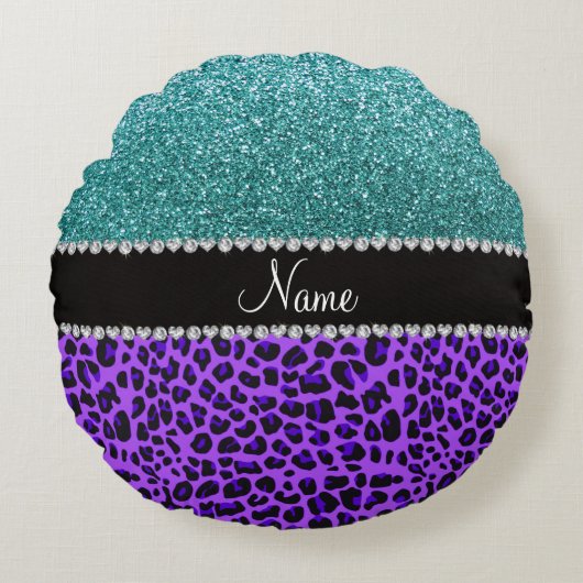 名パーソナライズされた前パープルヒョウターコイズグリッター ラウンドクッション (正面)