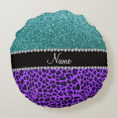 名パーソナライズされた前パープルヒョウターコイズグリッター ラウンドクッション (裏面)
