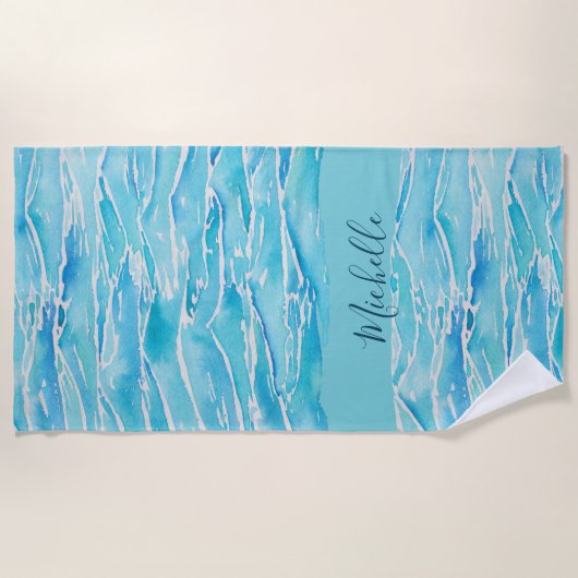 名パーソナライズされた前ビーチ波水色ノベルティ ビーチタオル (正面)