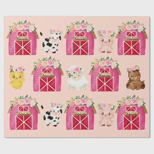 名パーソナライズされた前ピンクファーム/フローラバーンギフトラップ ラッピングペーパー (フラット)