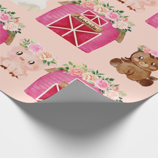名パーソナライズされた前ピンクファーム/フローラバーンギフトラップ ラッピングペーパー (角)