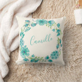 名パーソナライズされた前ブルーフローラリースホームデコール クッション (ブランケット)