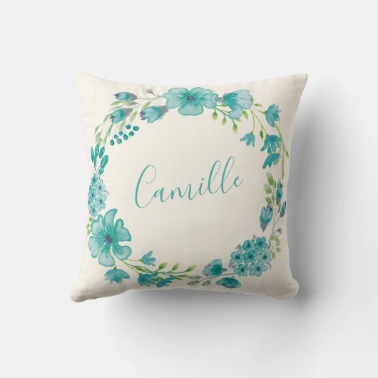 名パーソナライズされた前ブルーフローラリースホームデコール クッション (裏面)