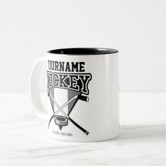 名パーソナライズされた前ホッケープレイヤースティックパックチーム ツートーンマグカップ (正面左)