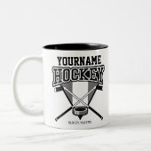 名パーソナライズされた前ホッケープレイヤースティックパックチーム ツートーンマグカップ (左)
