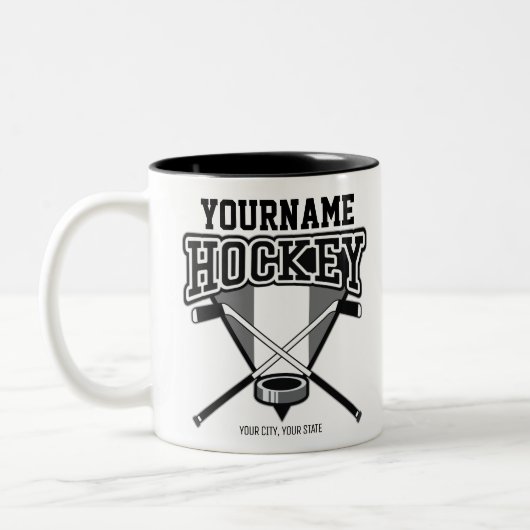 名パーソナライズされた前ホッケープレイヤースティックパックチーム ツートーンマグカップ (左)