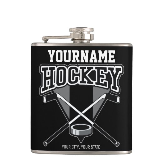 名パーソナライズされた前ホッケープレイヤースティックパックチーム フラスク (正面)