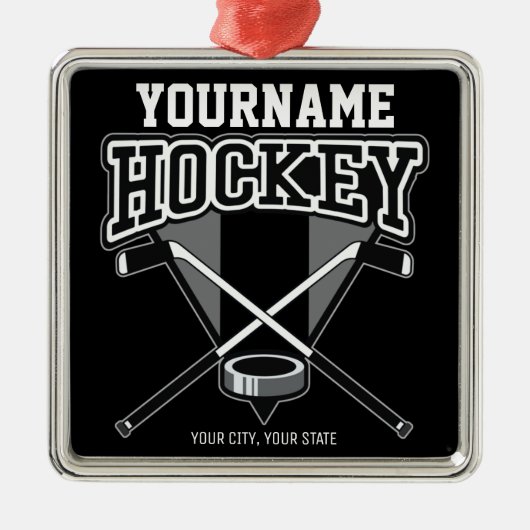 名パーソナライズされた前ホッケープレイヤースティックパックチーム メタルオーナメント (正面)