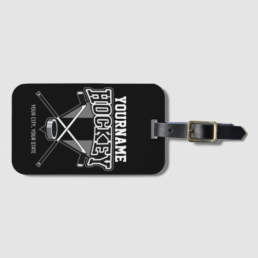 名パーソナライズされた前ホッケープレイヤースティックパックチーム ラゲッジタグ (正面横)