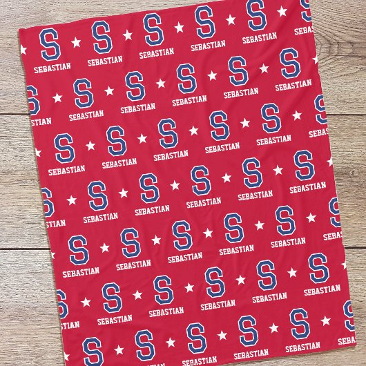 名パーソナライズされた前モノグラムのスタークリムゾンネイビー フリースブランケット