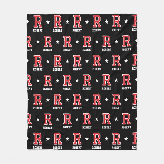 名パーソナライズされた前モノグラムの赤黒 フリースブランケット (正面)