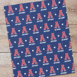 名パーソナライズされた前モノグラムのStar Red Navy フリースブランケット