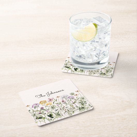 名パーソナライズされた前ワイルドフラワーガーデン スクエアペーパーコースター (インサイチュ)