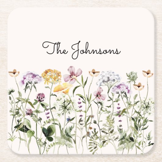 名パーソナライズされた前ワイルドフラワーガーデン スクエアペーパーコースター (正面)