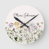 名パーソナライズされた前ワイルドフラワーガーデン ラウンド壁時計 (正面)