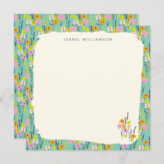 名パーソナライズされた前ワイルドフラワーフローラガーデングリーン ノートカード (正面/裏面)