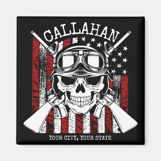 名パーソナライズされた前兵士スカルデュアルガン米国国旗 マグネット (正面)