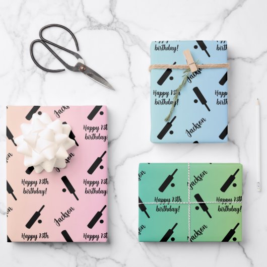 名パーソナライズされた前気持ちスポーツテーマクリケット ラッピングペーパーシート (正面)