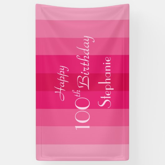 名パーソナライズされた前100誕生日ピンクストライプ色 横断幕 (縦)