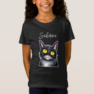名パーソナライズされた前 かわいい黒猫の黄色い目 Tシャツ