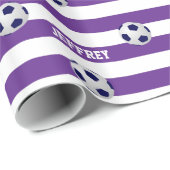 名パーソナライズされた前、サッカー、紫の白 ラッピングペーパー (ロールコーナー)