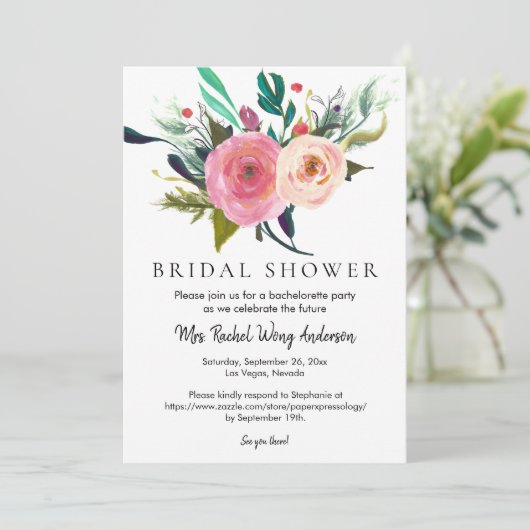 名パーソナライズされた前Boho Bouquetブライダルシャワー写真 招待状 (スタンド正面)