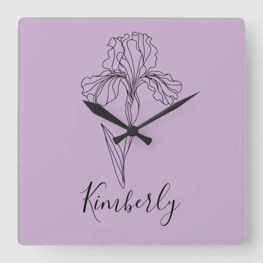 名パーソナライズされた称2月アイリス誕生花 スクエア壁時計 (正面)