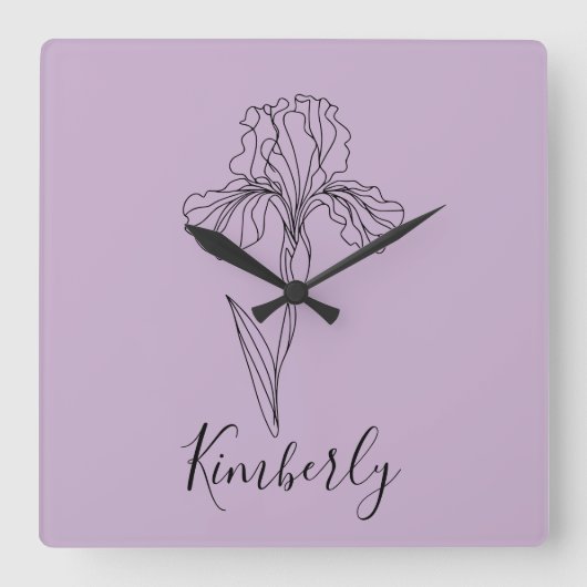 名パーソナライズされた称2月アイリス誕生花 スクエア壁時計 (正面)