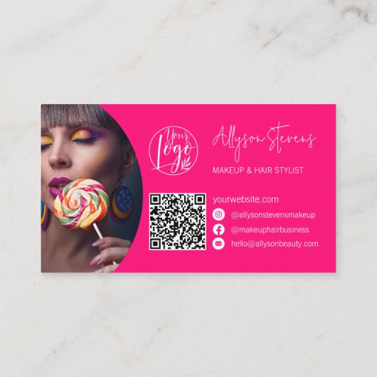 名モダンはっきりしたピンクのスクリプトのメイクアップヘアロゴqr 名刺 (裏面)