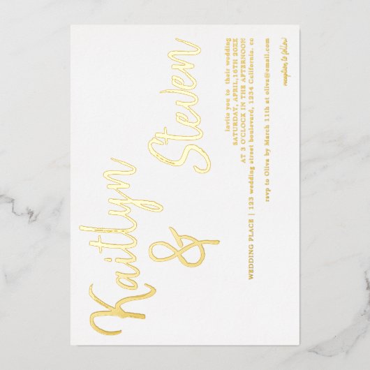 名モダンはっきりした名スクリプト結婚minamalist 箔招待状 (正面)