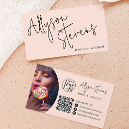 名モダンはっきりした字メイクアップヘアロゴqrピンク 名刺