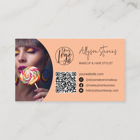 名モダンはっきりした字メイクヘアロゴqr桃 名刺 (裏面)