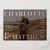 名モダンはっきりした2枚の写真を重ねて結婚バラ 箔招待状 (正面)