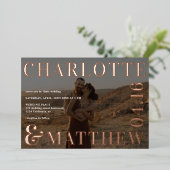 名モダンはっきりした2枚の写真を重ねて結婚バラ 箔招待状 (立ち正面)