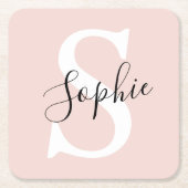 名モダンパーソナライズされた名モノグラムパステルピンク スクエアペーパーコースター (正面)