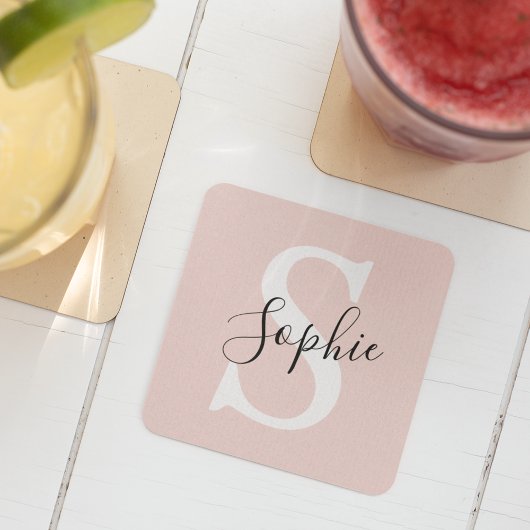 名モダンパーソナライズされた名モノグラムパステルピンク スクエアペーパーコースター